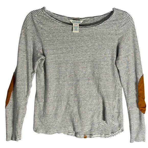 Sundance Sz S 100% Linen Striped Boat Neck Top Brown Elbow Patch Long Sleeve - Picture 1 of 8